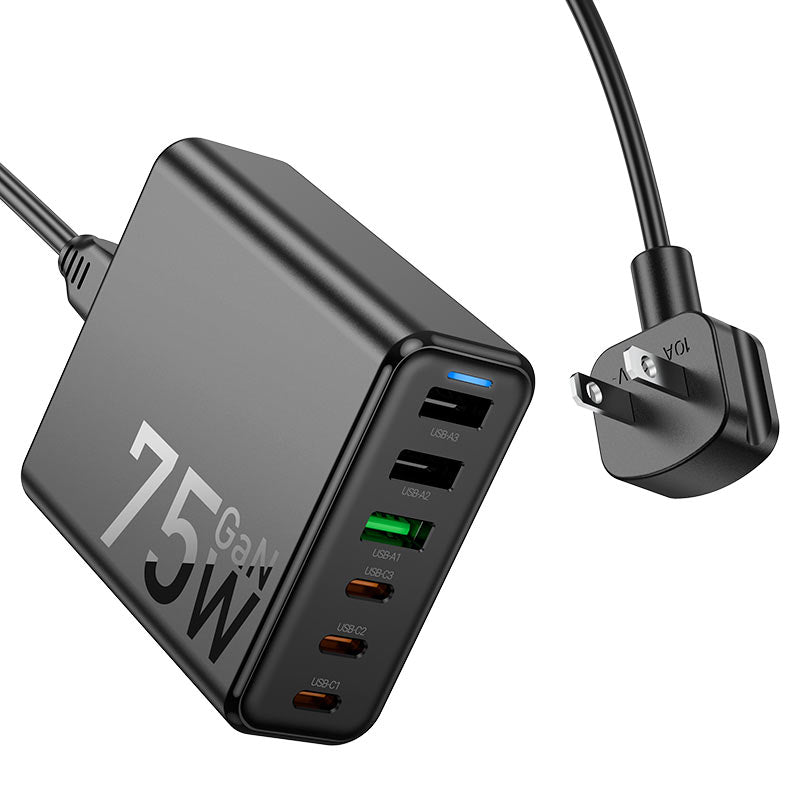 HOCO 75W GaN Six-Port Fast Charger | 6-Port USB-C & USB-A Charging Station