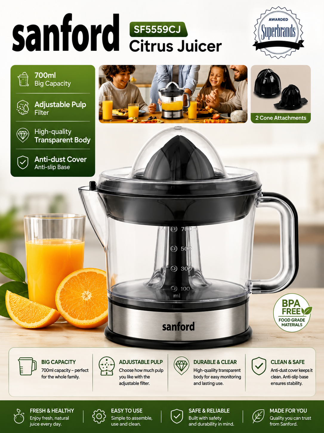 Sanford SF5559CJ Citrus Juicer | 700ml Juice Extractor with Adjustable Pulp Filter