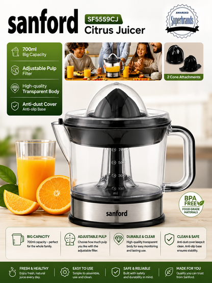 Sanford SF5559CJ Citrus Juicer | 700ml Juice Extractor with Adjustable Pulp Filter