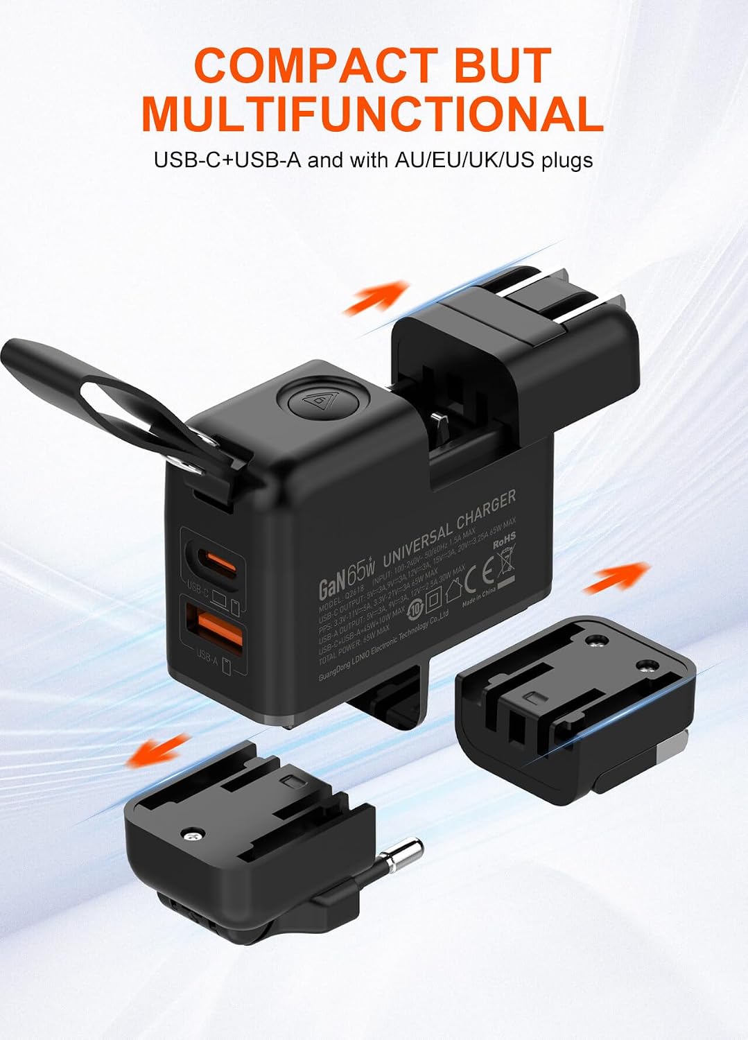 65W GaN Fast Charger HAC-1003 | USB-C & USB-A Wall Charger for Laptops & Smartphones
