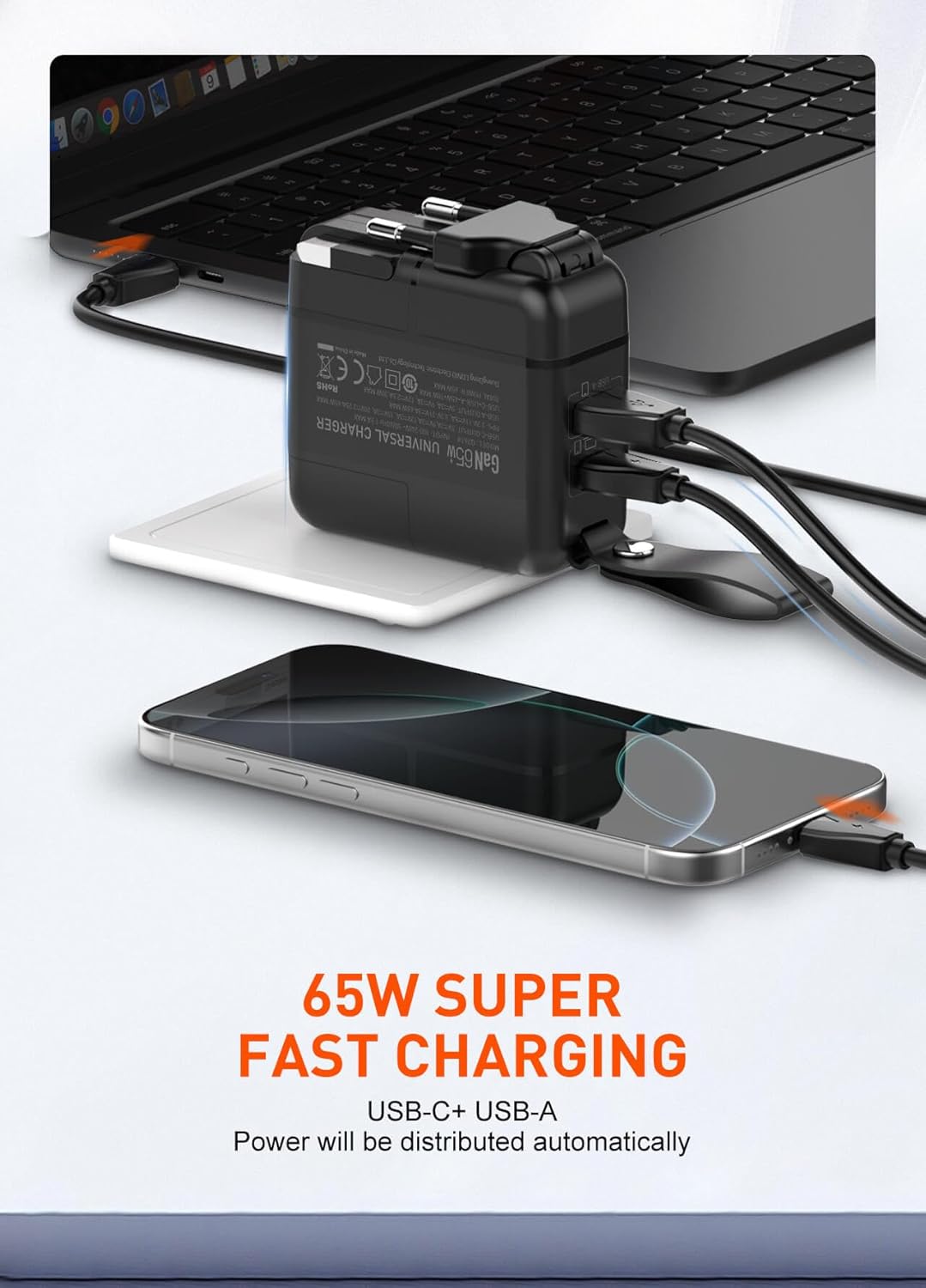 65W GaN Fast Charger HAC-1003 | USB-C & USB-A Wall Charger for Laptops & Smartphones
