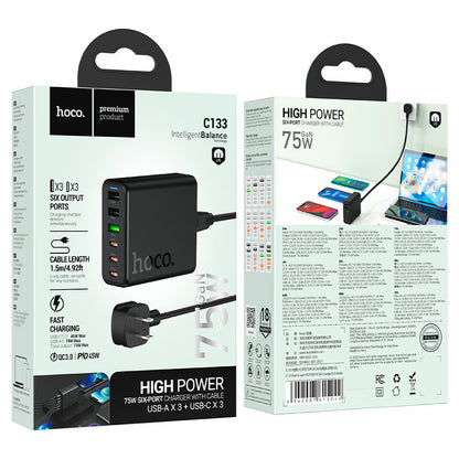 HOCO 75W GaN Six-Port Fast Charger | 6-Port USB-C & USB-A Charging Station